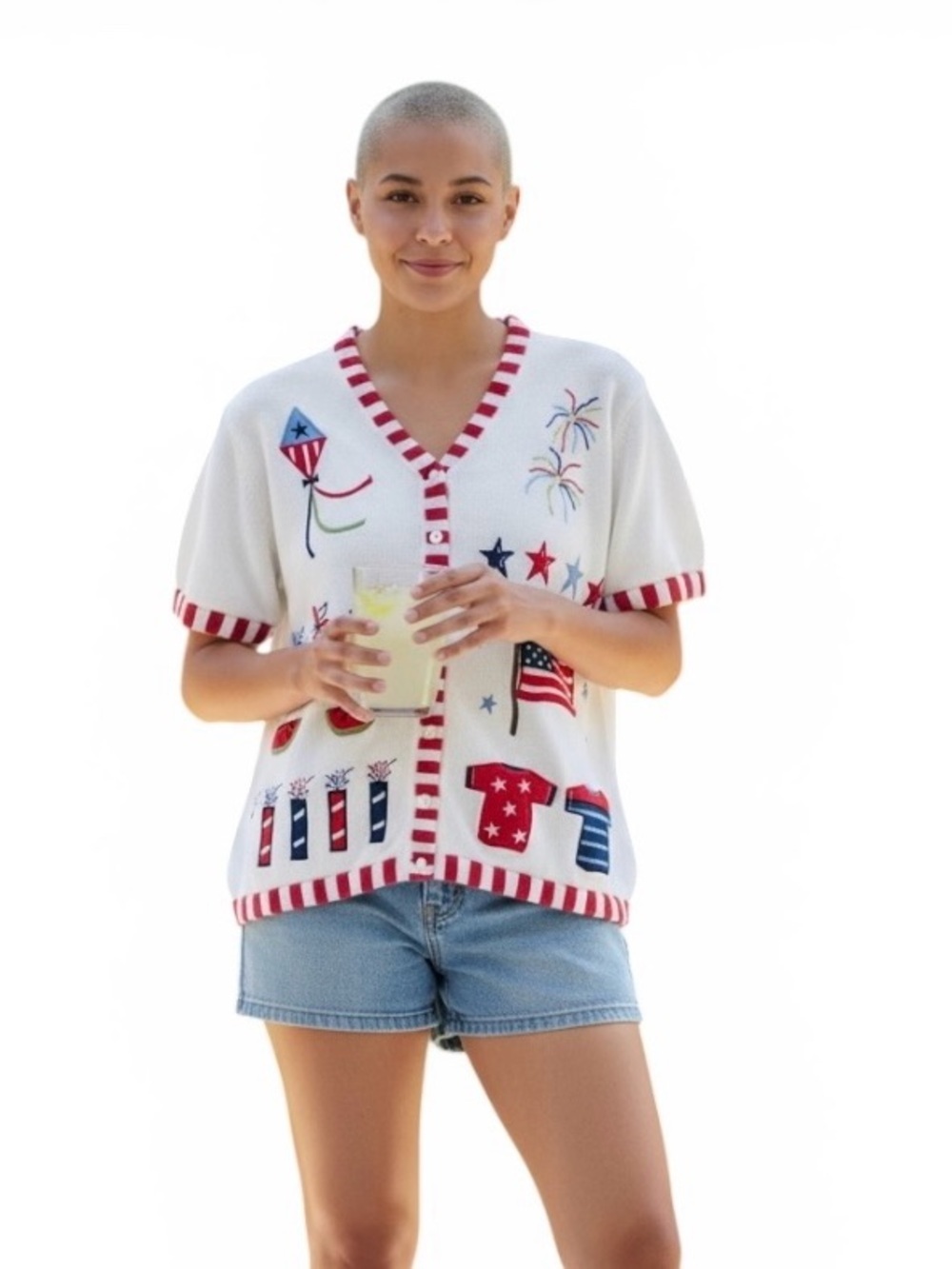 Quaker Factory Costal Grandma America Patriotic Cardigan Sweater M Stars Flags